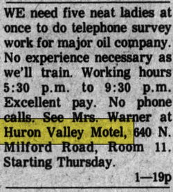 Huron Valley Motel - May 1976 Mention